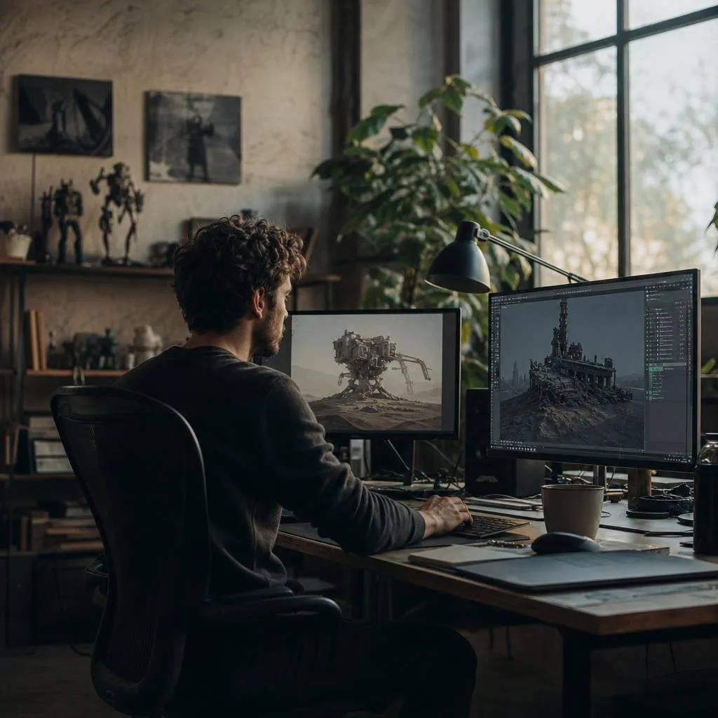 Artist studio with monitors and soft rim light